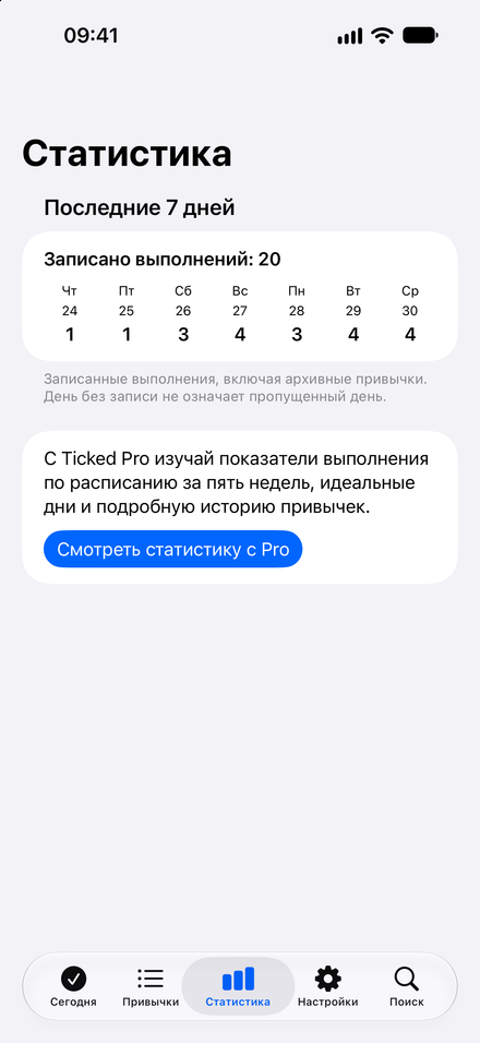 Скриншот приложения: Вся неделя перед глазами. Семь дней выполнений — бесплатно.