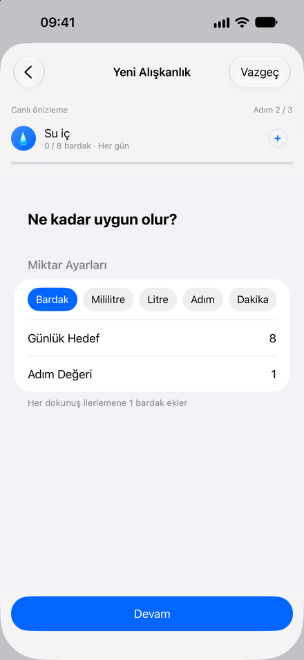Uygulama ekran görüntüsü: Küçük bir alışkanlıkla başla. Canlı önizlemeyle adım adım oluştur.
