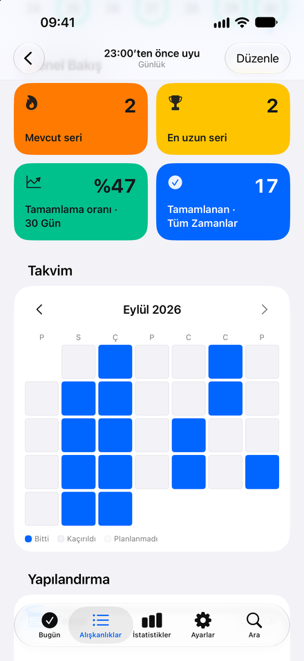 Uygulama ekran görüntüsü: Ne kadar ilerlediğini gör. Her alışkanlık için seriler ve takvim.