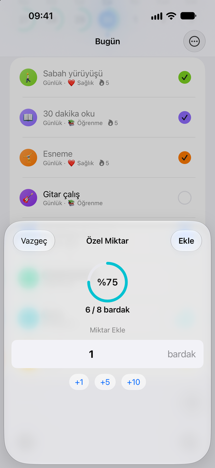Uygulama ekran görüntüsü: İşaretlemekten daha fazlası. Su, sayfa, dakika ve daha fazlasını say.