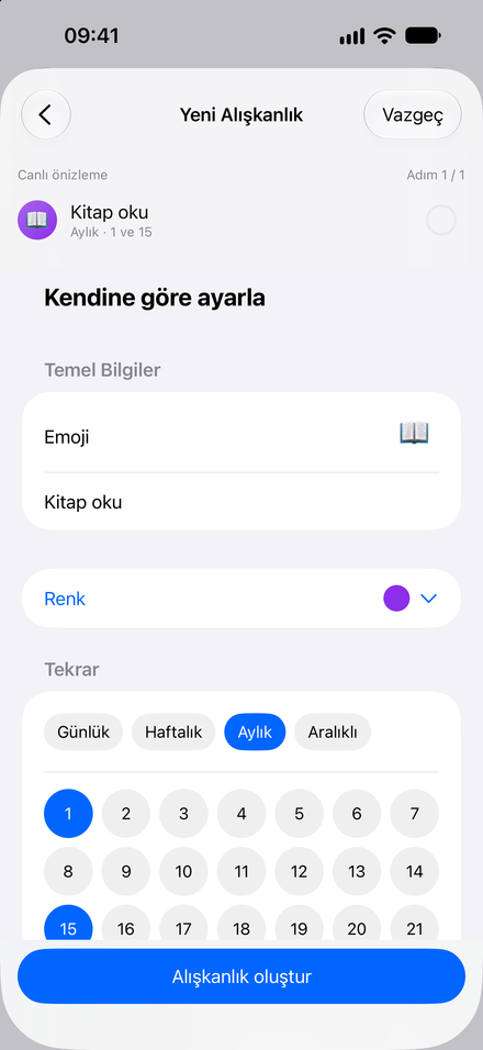 Uygulama ekran görüntüsü: Alışkanlıklar senin ritminde. Günlük ve haftalık ücretsiz. Pro ile daha fazlası.