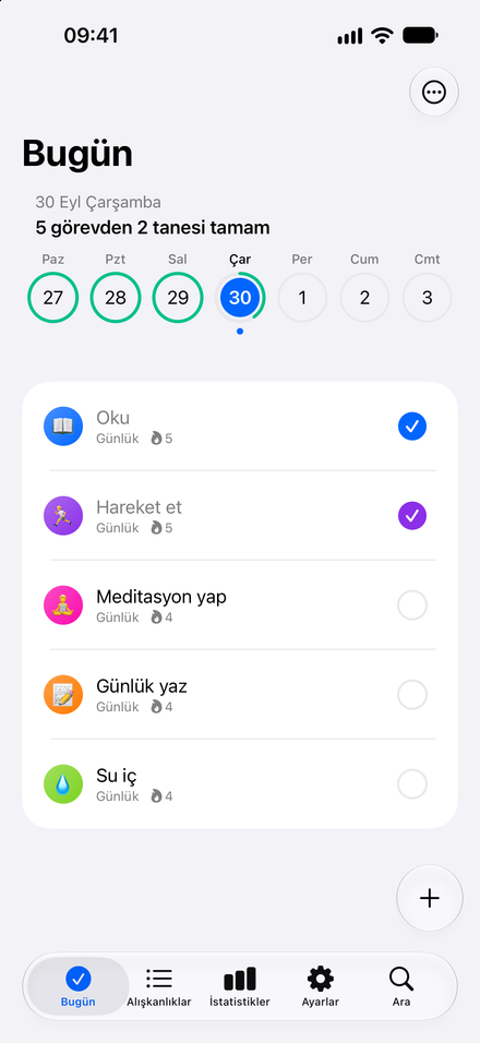Uygulama ekran görüntüsü: Bugünü değerlendir. Alışkanlıklarını gör. İlerlemeni işaretle.