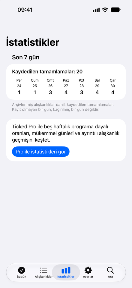Uygulama ekran görüntüsü: Haftanı bir bakışta gör. Yedi günlük tamamlamaları ücretsiz incele.